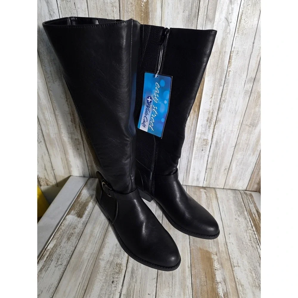 Easy Street Plus Wide Calf Black Knee High Boots Paisley Embossed Side Zip NWT
